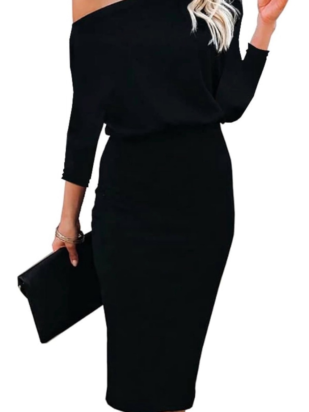 Off-Shoulder Black Bodycon Midi Dress - Women's